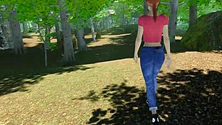 redhead explores shaved pussy in outdoor vr game