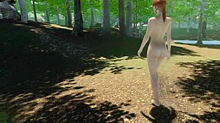 redhead explores shaved pussy in outdoor vr game