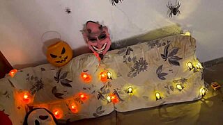 teen babe sucks big cock close up, swallows cum on halloween