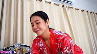 Oriental milf sucks cock and gets a full mouthful