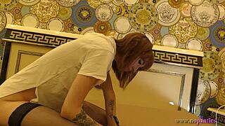 Hot tight pussy skinny redhead braless and no panties on the bed gets bored and ignored in black stockings