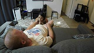 Mandy Mynxx gags on a cock while choking on the couch in POV