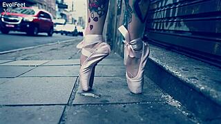 Sexy blonde latina ballerina sucks and licks toes in fetish goddess scene with gagging