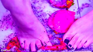 yo, bare toes smashing juicy fruit, so wet!