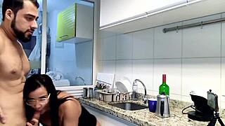 Cute milf sucks big cock in kitchen, enjoying coffee with milk