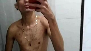 Jerking off in the bathroom after soccer game, solo amateur moment