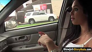 glory hole brunette babe sucks long schlong with big tits on display