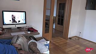 Caught roommate jerking off, now German babe with big tits gets fingered and slammed.