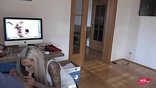 Caught roommate jerking off, now German babe with big tits gets fingered and slammed.