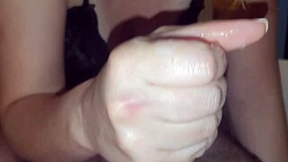 Mature Brazilian housewife in lingerie gives blowjob and handjob until orgasm with lots of cum.