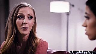 Charles Dera spots wives kissing on couch, dives into epic threesome with licking and fingering ending in cum facial