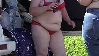 mature lesbians with big asses caught outdoors by voyeur's hidden camera.