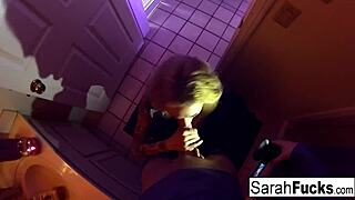 pornstar sarah jessie teases with a bathroom blowjob