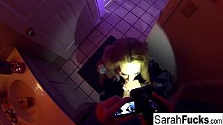 pornstar sarah jessie teases with a bathroom blowjob