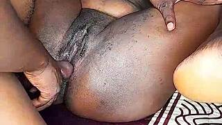 Ebony babe gets fucked doggystyle without condom