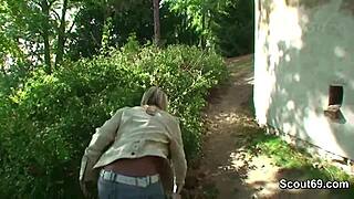 Two young boys seduce a skinny petite stranger girl to fuck outdoors in the park for cash