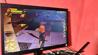 I spot her engrossed in a porn game and she begs for a deep anal pounding