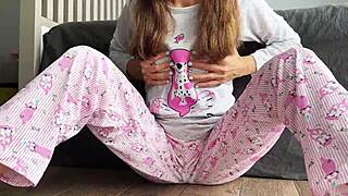 Teen In Pajama With Small Tits Masturbates Pussy And Squirts Cum During Fingering Orgasm.