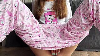 Teen In Pajama With Small Tits Masturbates Pussy And Squirts Cum During Fingering Orgasm.