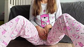 Teen In Pajama With Small Tits Masturbates Pussy And Squirts Cum During Fingering Orgasm.