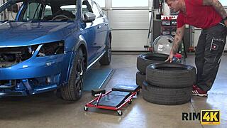 rim4k dame licks anus in car repair shop with big boobs