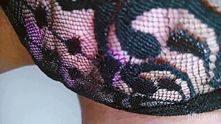 Naughty babe fingers wet pussy in public restroom