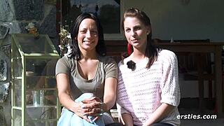 two lesbian babes with natural tits and hairless pussies get intimate outdoors, licking clits up close