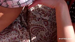 two lesbian babes with natural tits and hairless pussies get intimate outdoors, licking clits up close