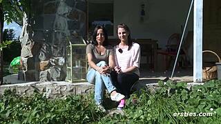 two lesbian babes with natural tits and hairless pussies get intimate outdoors, licking clits up close