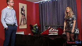 This lusty brit voyeur strips seductively for her jerking subject