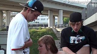 Beautiful teen girl in public threesome part 4