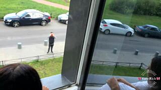 Watch me fuck this skinny babe right in front of the neighbors!