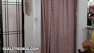 kylie rocket spots scott peeking while she tries on clothes, pulls him in for blowjob and cum on her petite tits