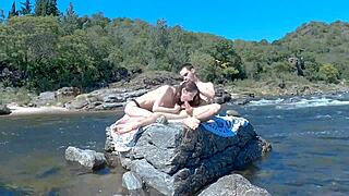 Hot Latina couple risks it all on beach and bus