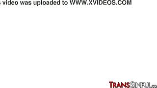 Hot lingerie tranny Janelle Fennec swallows cum after bent-over sex! 🔥