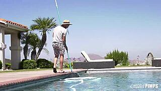 Damn, this busty milf got me with a toy in her ass! Poolboy can’t resist her hot moves. 😈