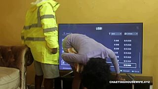 Ebony housewife rides handy man roughly in doggystyle