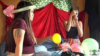 Chop Suey balloons with a pregnant Asian star in high definition fetish play