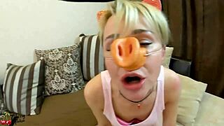 Piggy did a deepthroat and then cowgirl sex, ending with cum in mouth