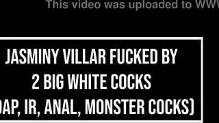 Ebony princess jasminy villar rides two huge white cocks in interracial anal