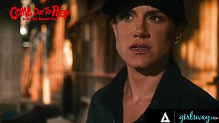 ten girls in a rough lesbian gangbang with fisting and strap-ons