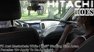 just chilling with rina arems behind the scenes. she’s masturbating with a hitachi wand in the car while waiting.