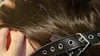 Submissive blonde licks cum from feet after blowjob.