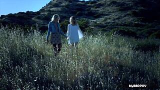 Scarlet and Eden lick tight pussies outdoors in lingerie.