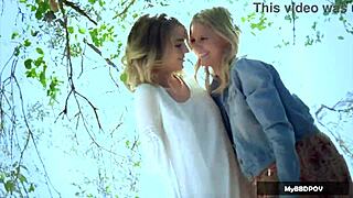 Scarlet and Eden lick tight pussies outdoors in lingerie.