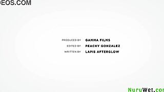 Victor Ray receives wet handjob from busty brunette Danae Mari during nuru massage