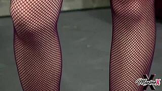 Blonde belle tied to sex stair for pussy vibration session