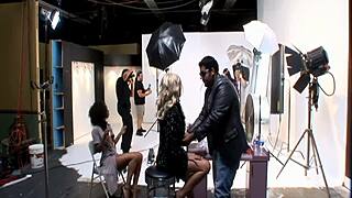 The brunette mom says, 'lick my pussy in fishnets and stockings on the bed'