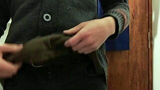 I strip half-naked and masturbate in the works bathroom with a loaded cumshot!