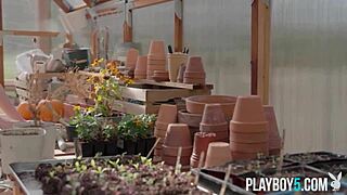 Petite blonde girl kiara cole gardens outdoors with playboy